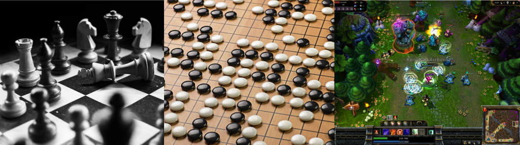 collage of chessboard, Go game board, and screenshot of League of Legends